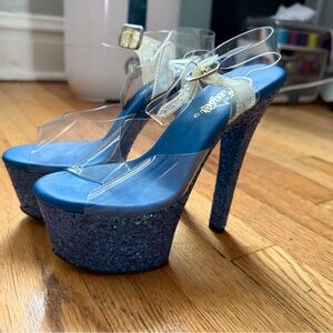Pleaser Clear and Blue Glitter Heels